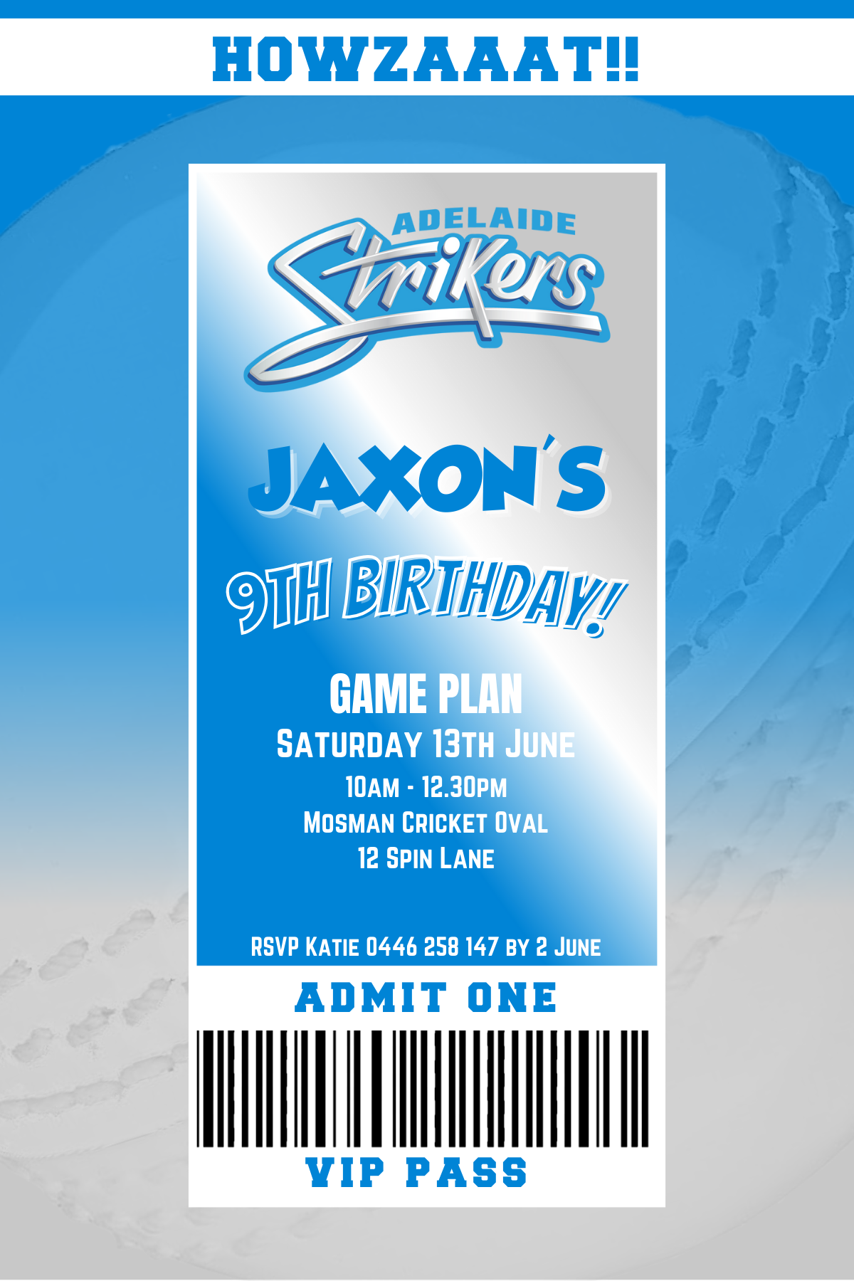 Adelaide Strikers BBL VIP Pass Birthday Invitation