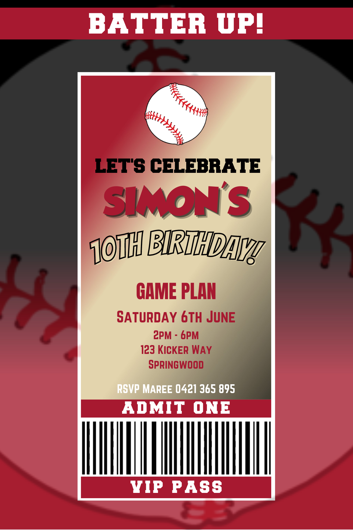 Arizona Diamondbacks Birthday Invitation