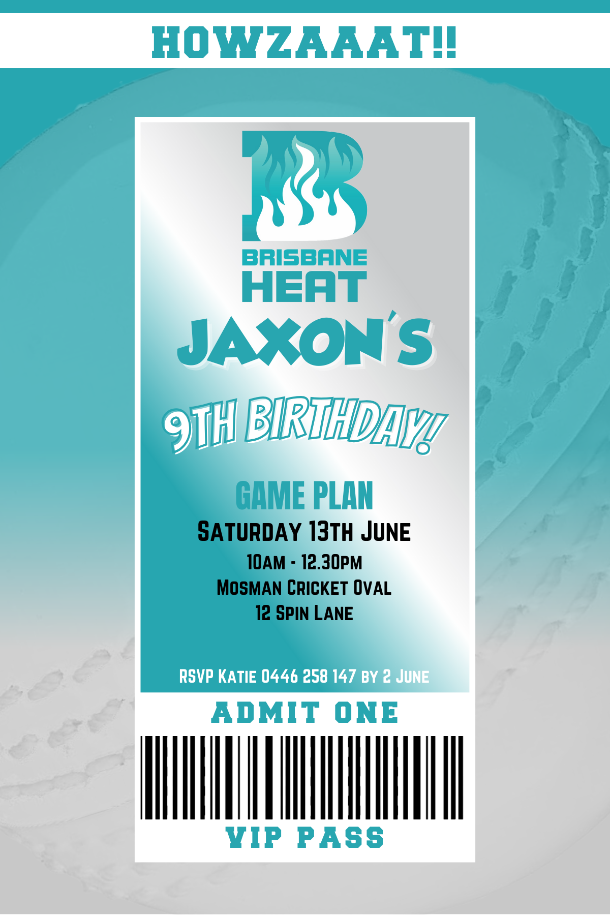 Brisbane Heat BBL VIP Pass Birthday Invitation