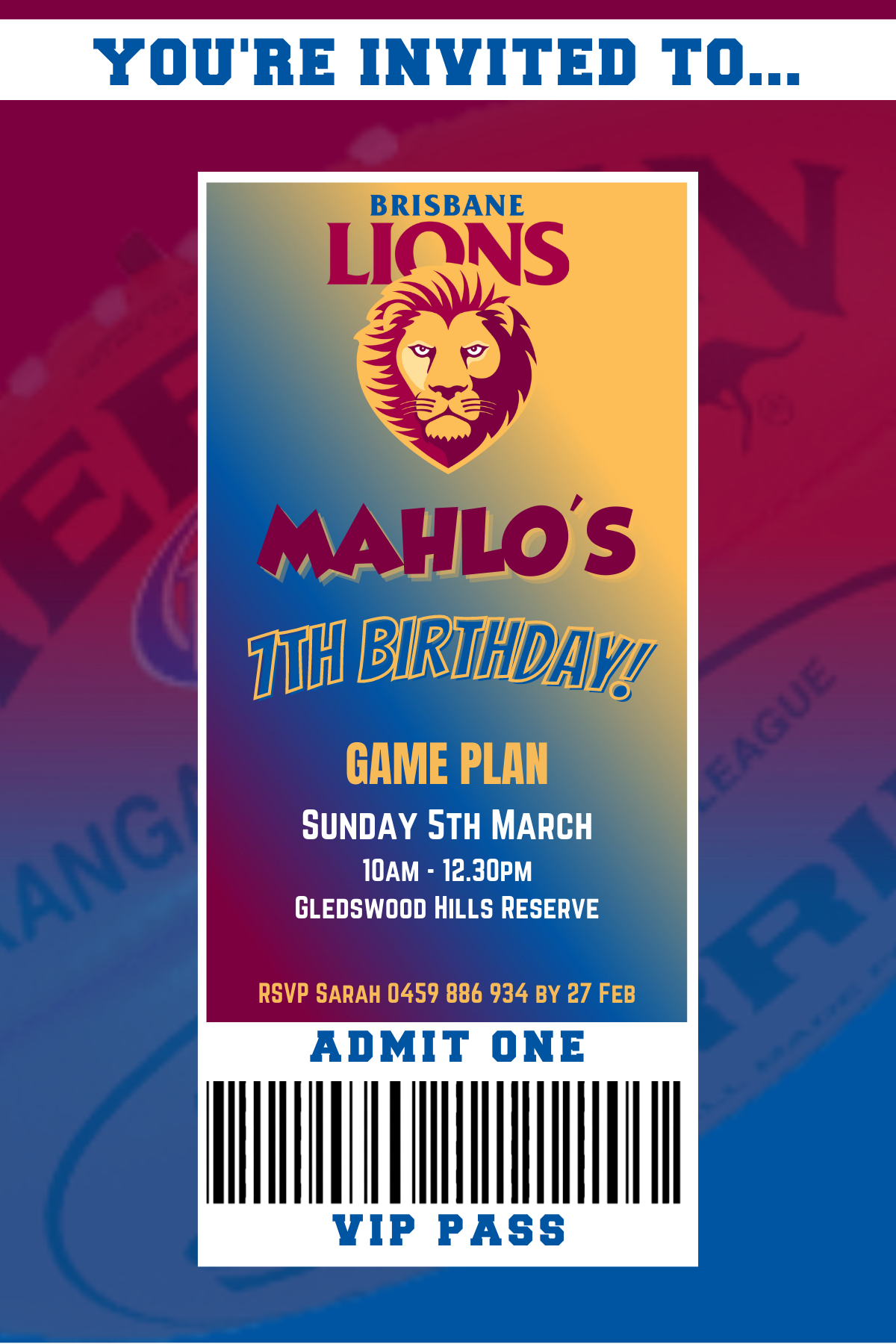 Brisbane Lions Birthday Invitation