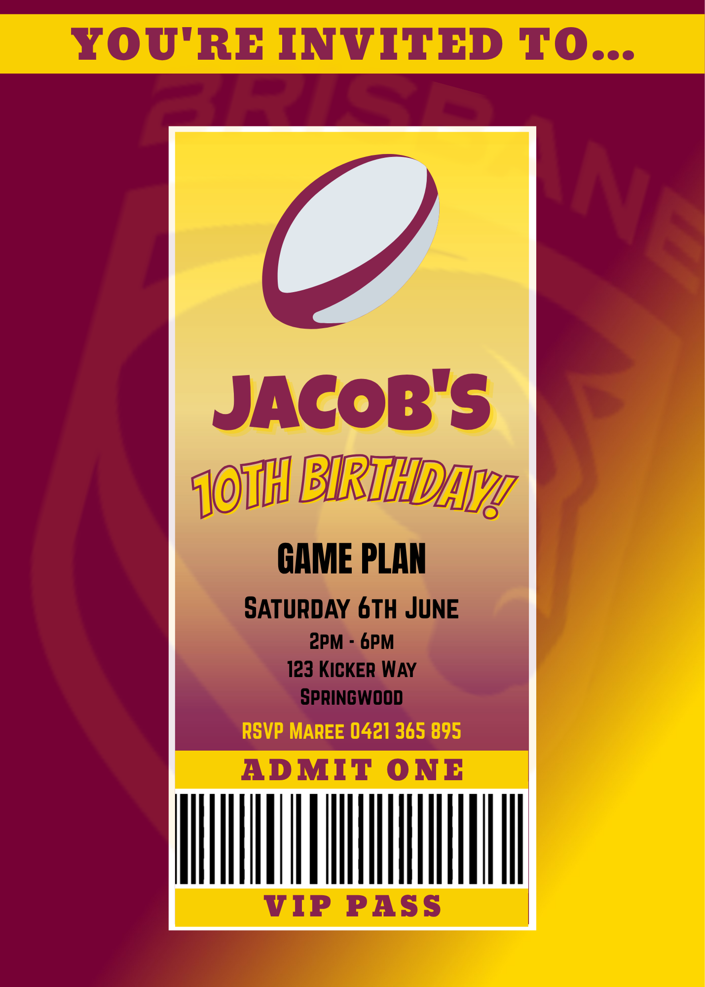 Brisbane Broncos themed VIP Pass Birthday Invitation