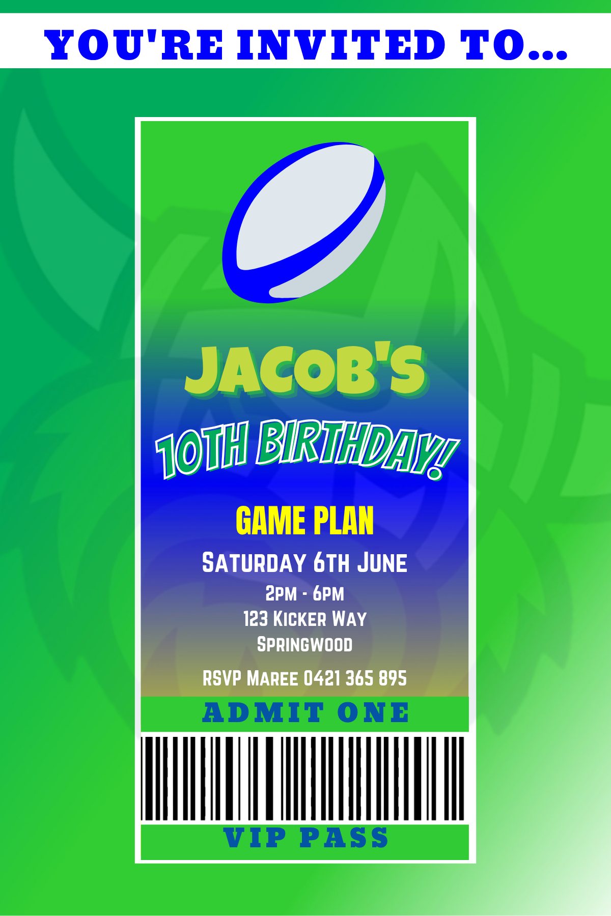 Canberra Raiders themed VIP Pass Birthday Invitation