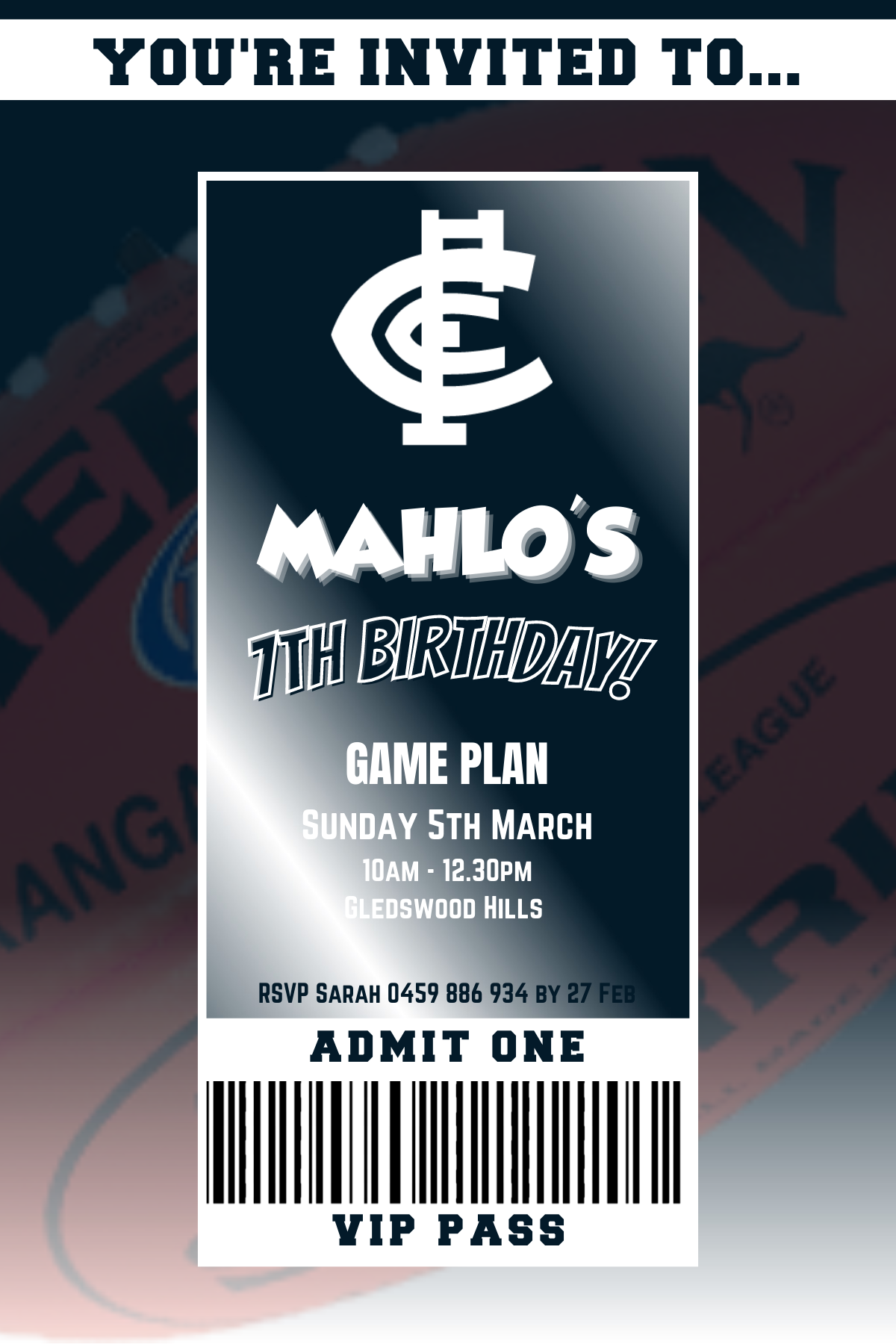 Carlton Football Club VIP Pass Birthday Invitation