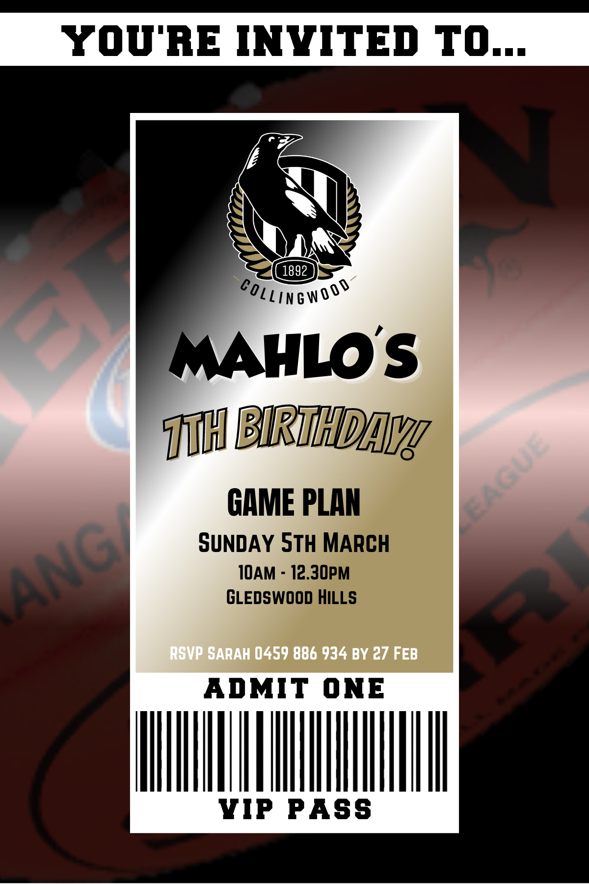 Collingwood Magpies AFL Birthday Invitation