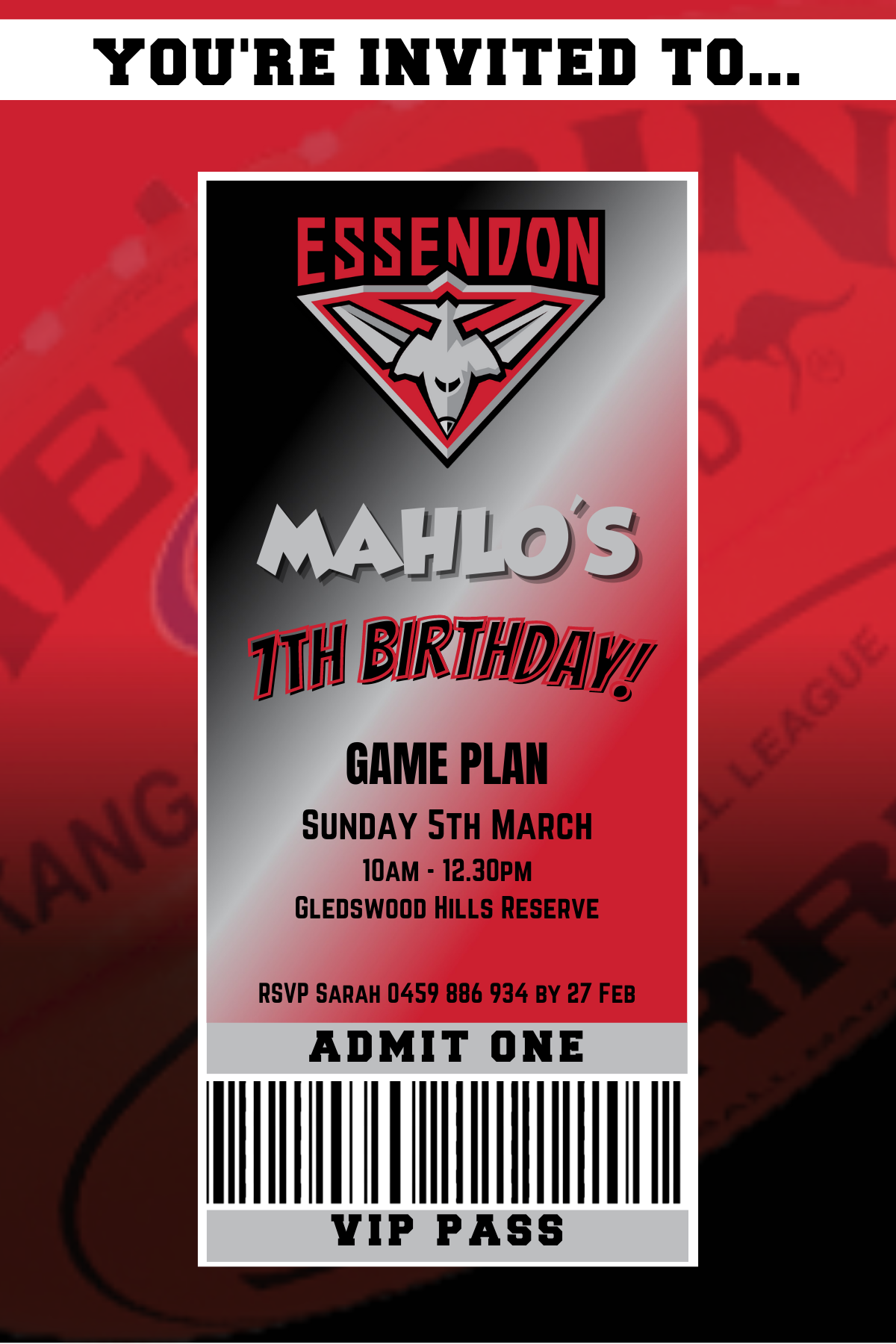 Essendon Bombers Birthday Invitation