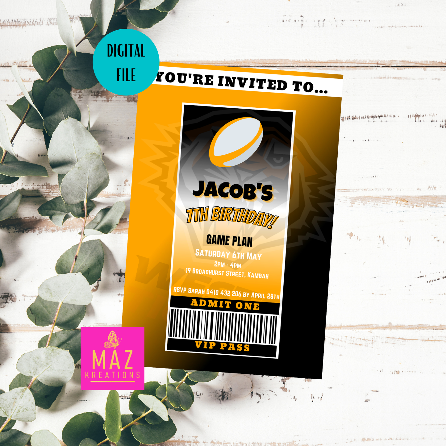 Wests Tigers VIP Pass Birthday Invitation
