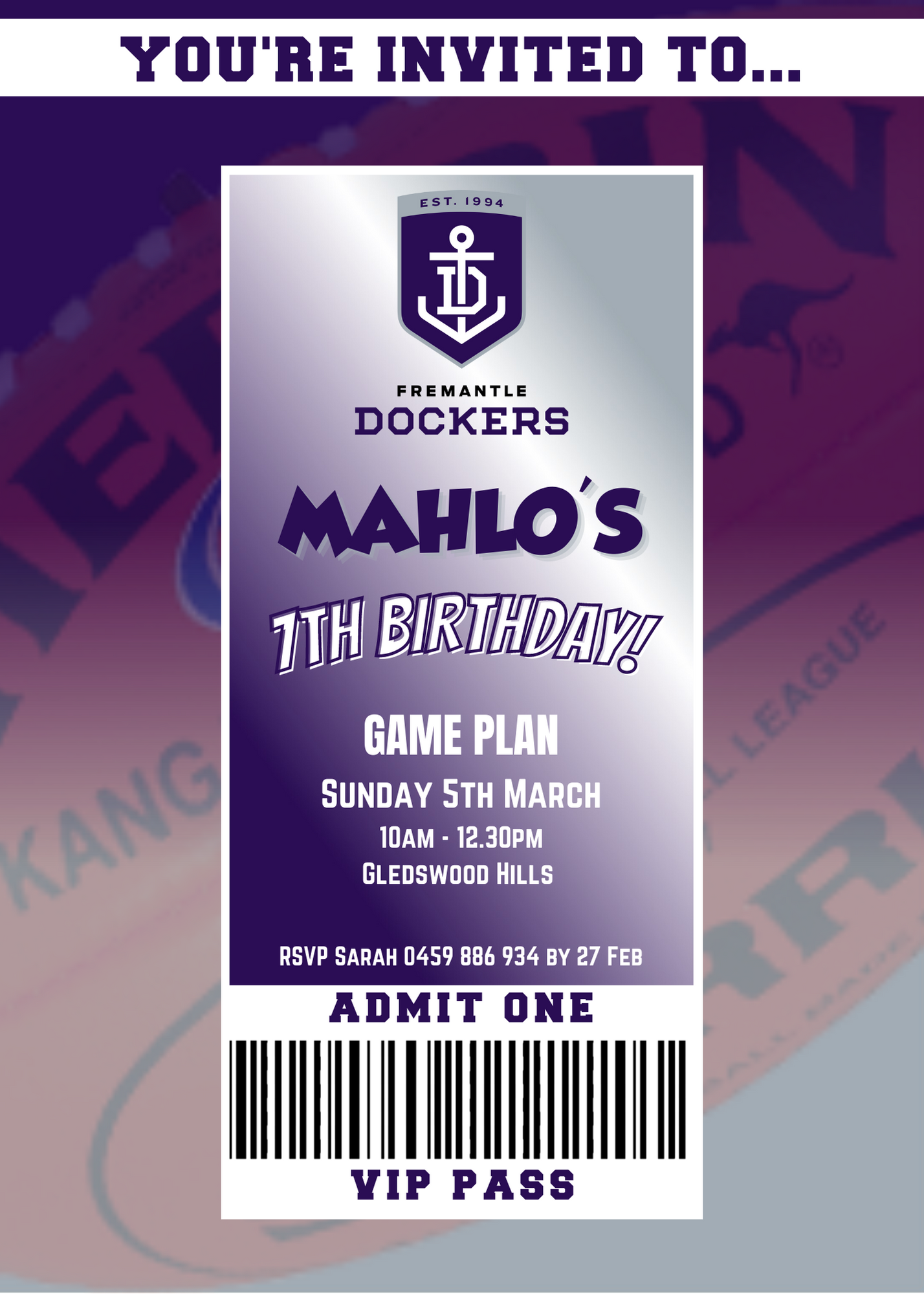 Fremantle Dockers Birthday Invitation