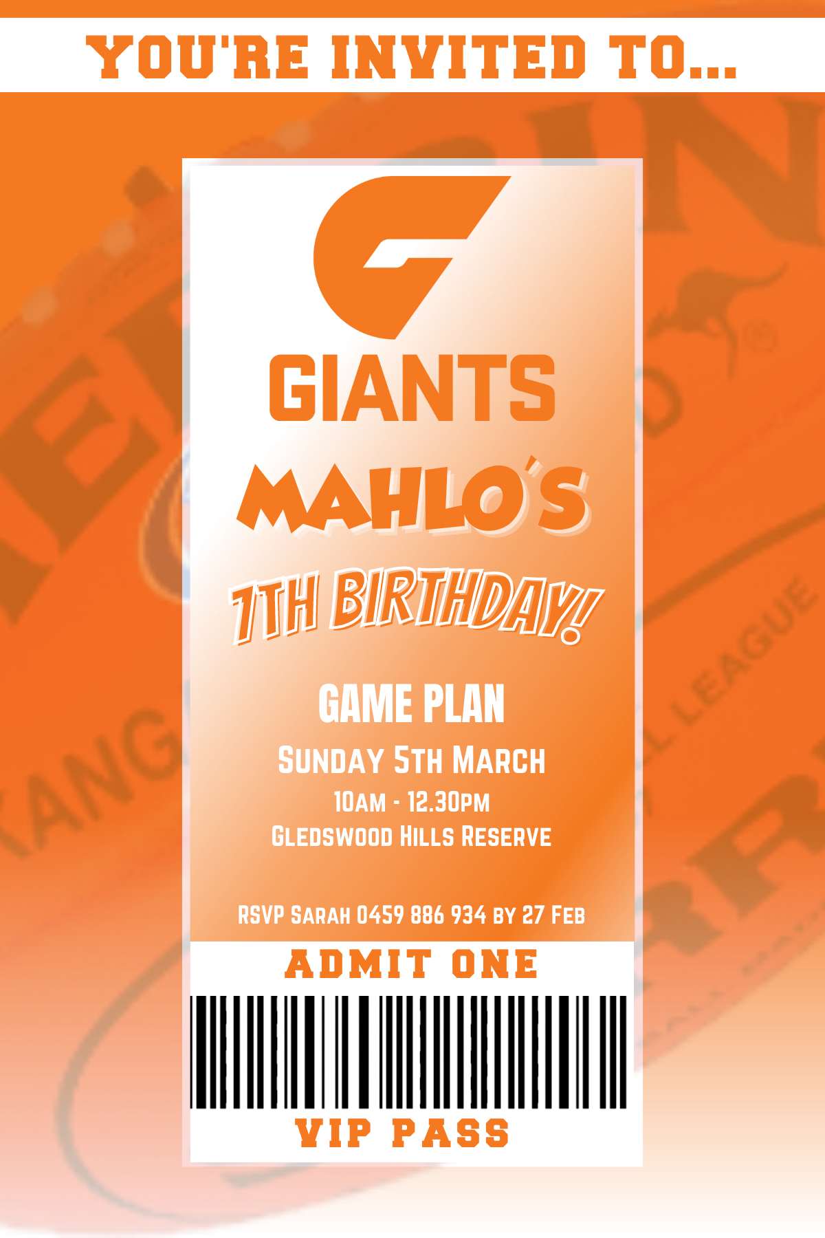 GWS Giants Birthday Invitation