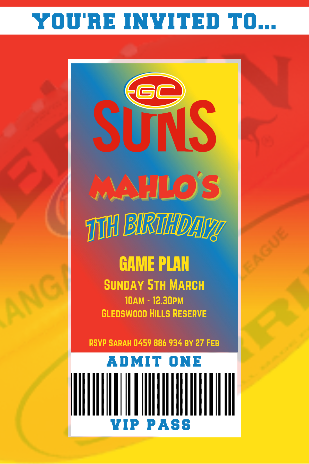Gold Coast Suns Birthday Invitation