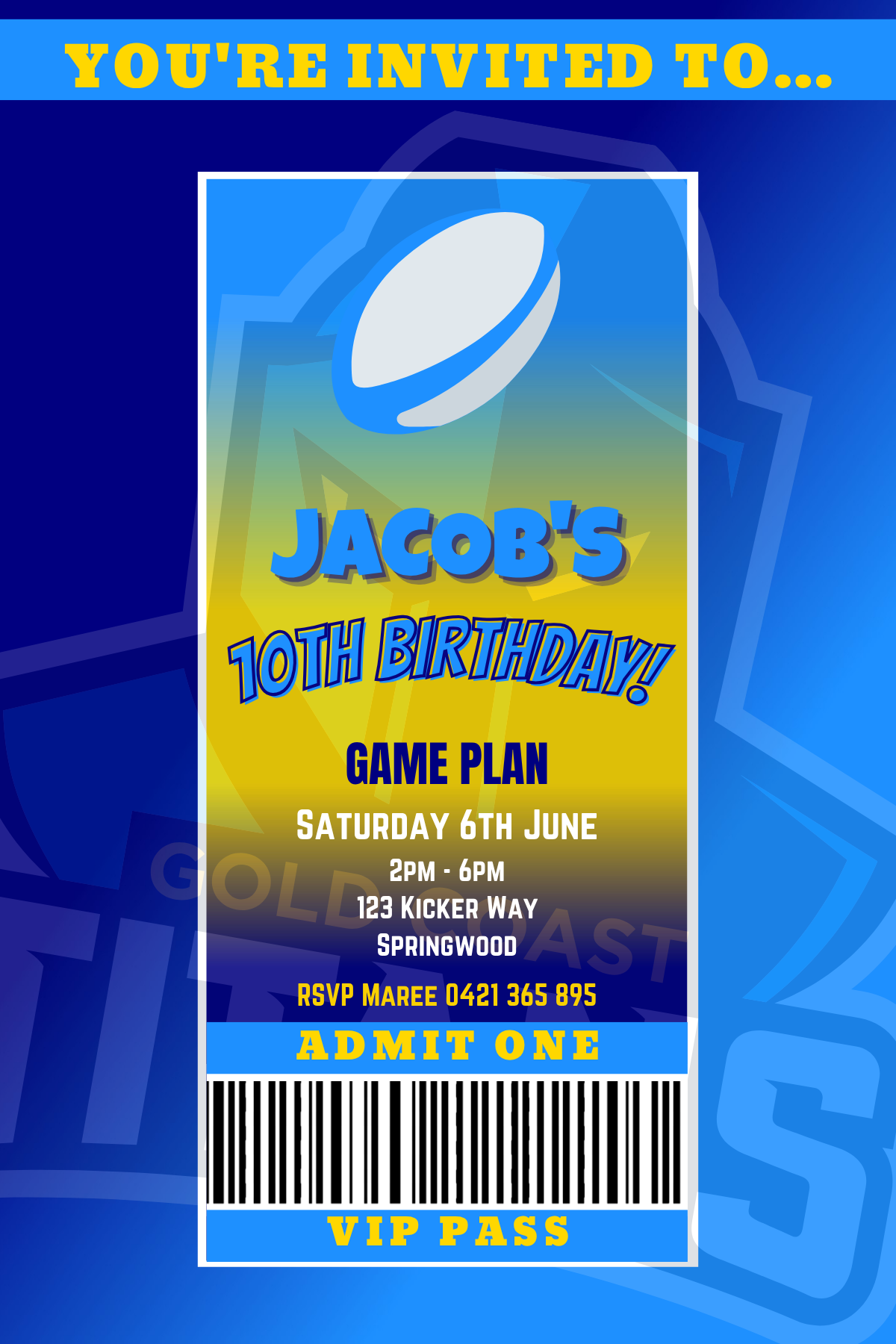 Gold Coast Titans VIP Pass Birthday Invitation