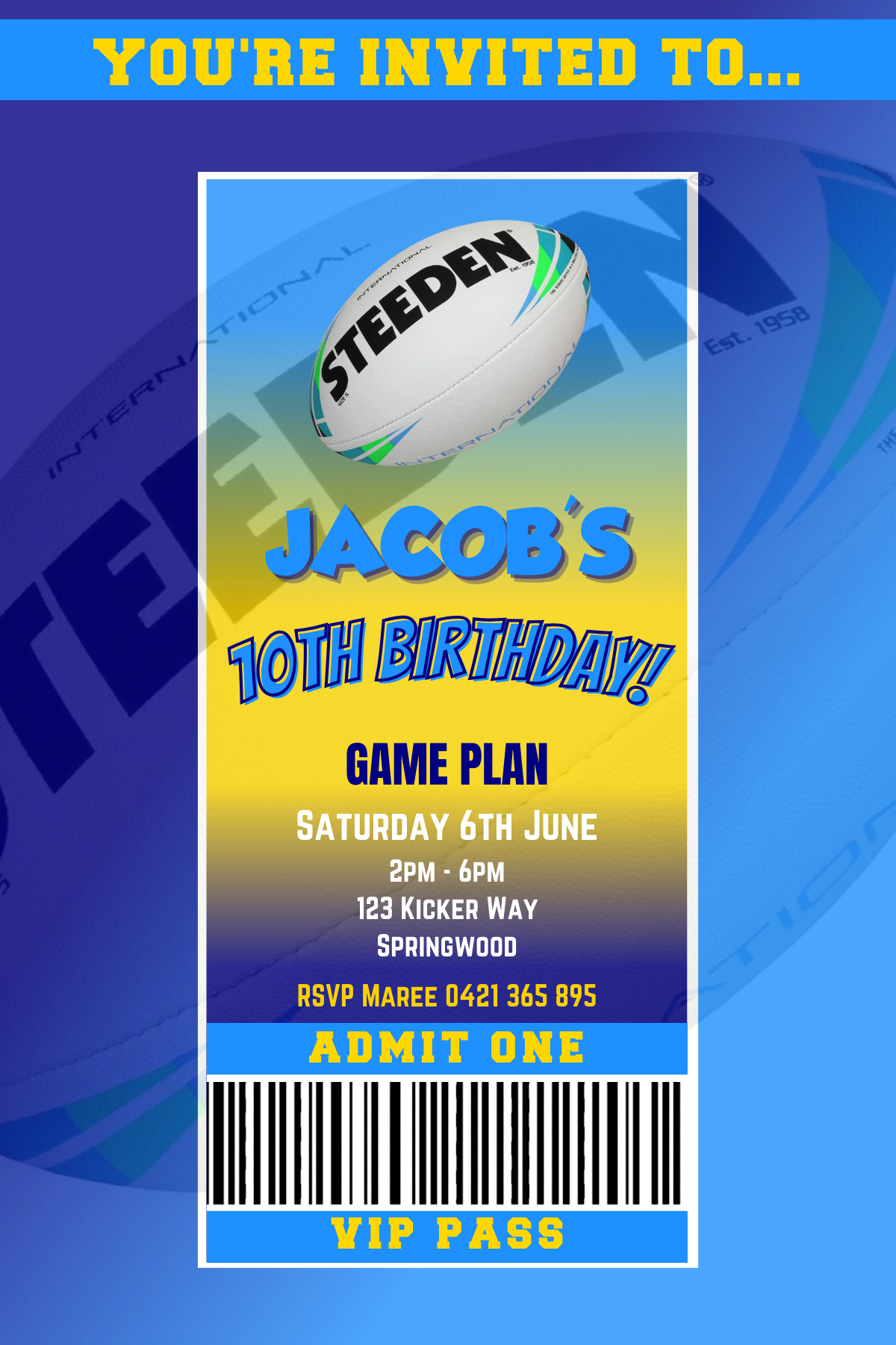 Gold Coast Titans VIP Pass Birthday Invitation