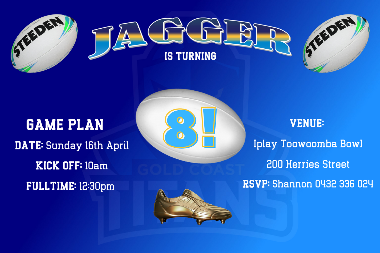 Gold Coast Titans themed Birthday Invitation