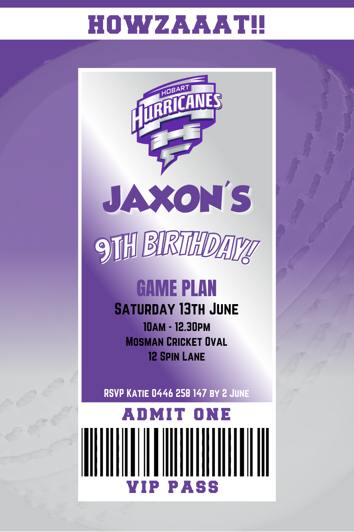 Hobart Hurricanes BBL VIP Pass Birthday Invitation