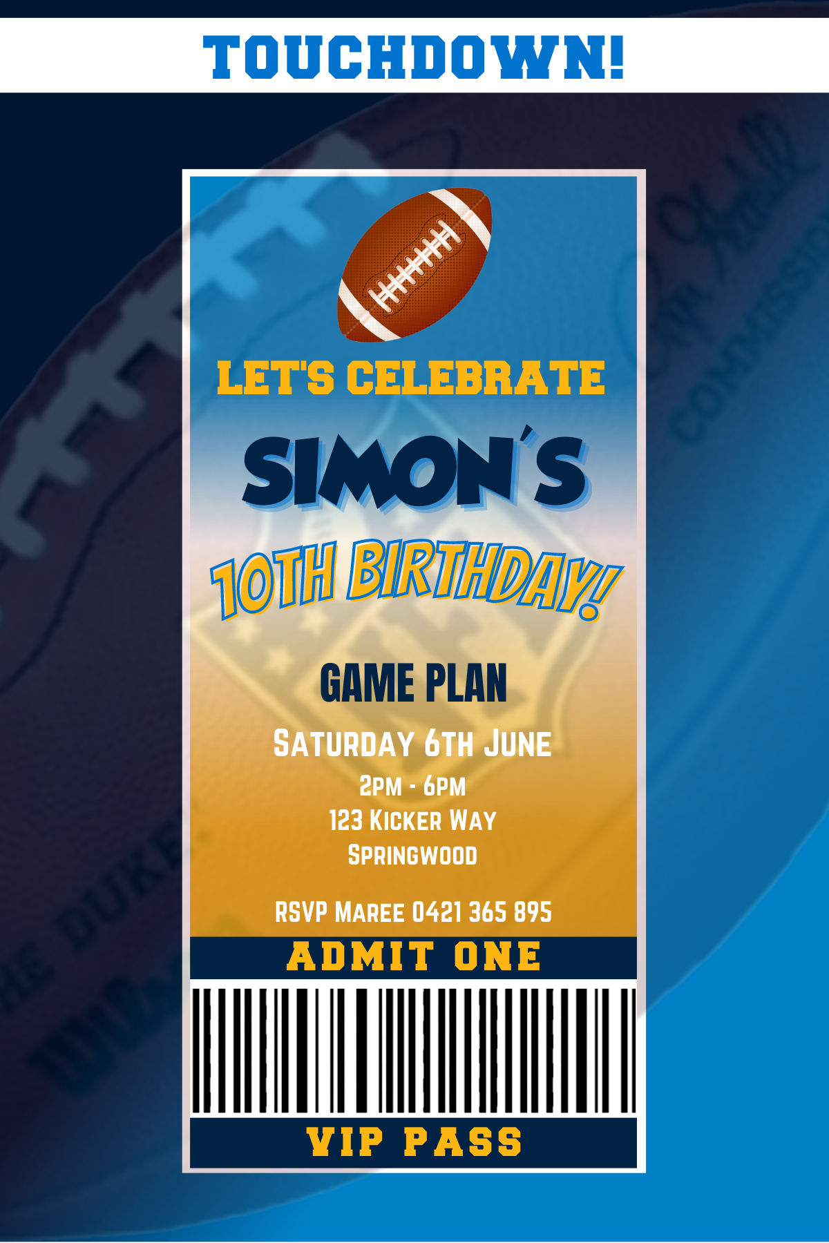 Los Angeles Chargers Birthday Invitation
