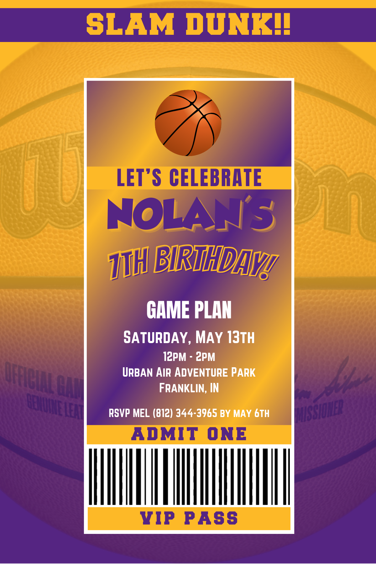 Los Angeles Lakers VIP Pass Birthday Invitation