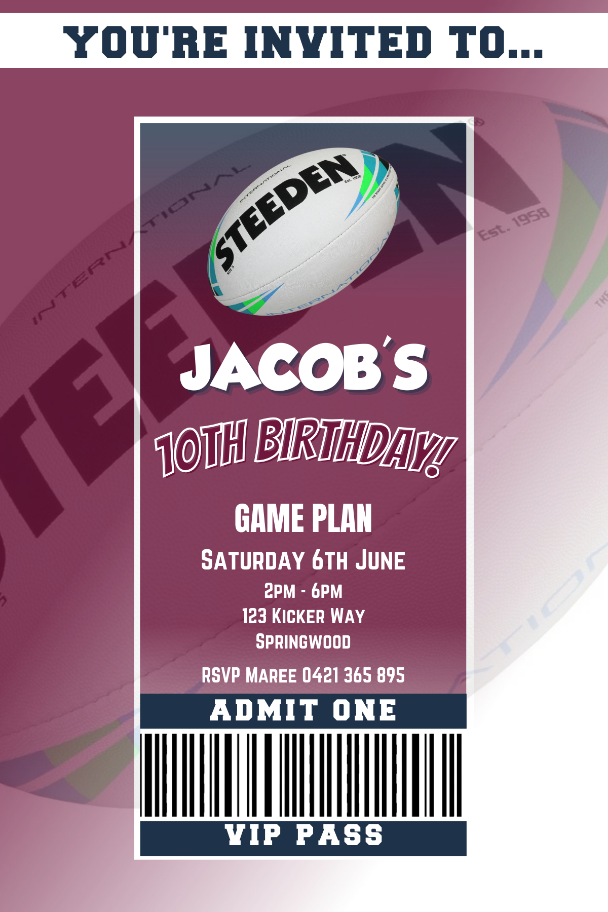 Manly Sea Eagles VIP Pass Birthday Invitation