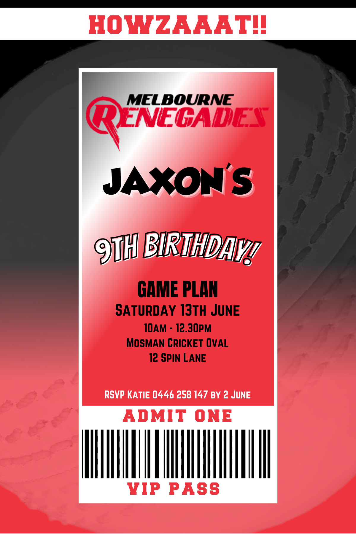 Melbourne Renegades BBL VIP Pass Birthday Invitation