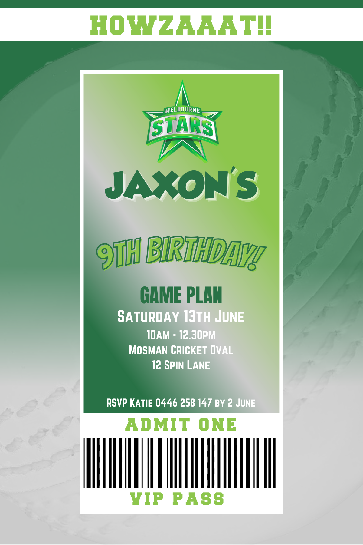 Melbourne Stars BBL VIP Pass Birthday Invitation