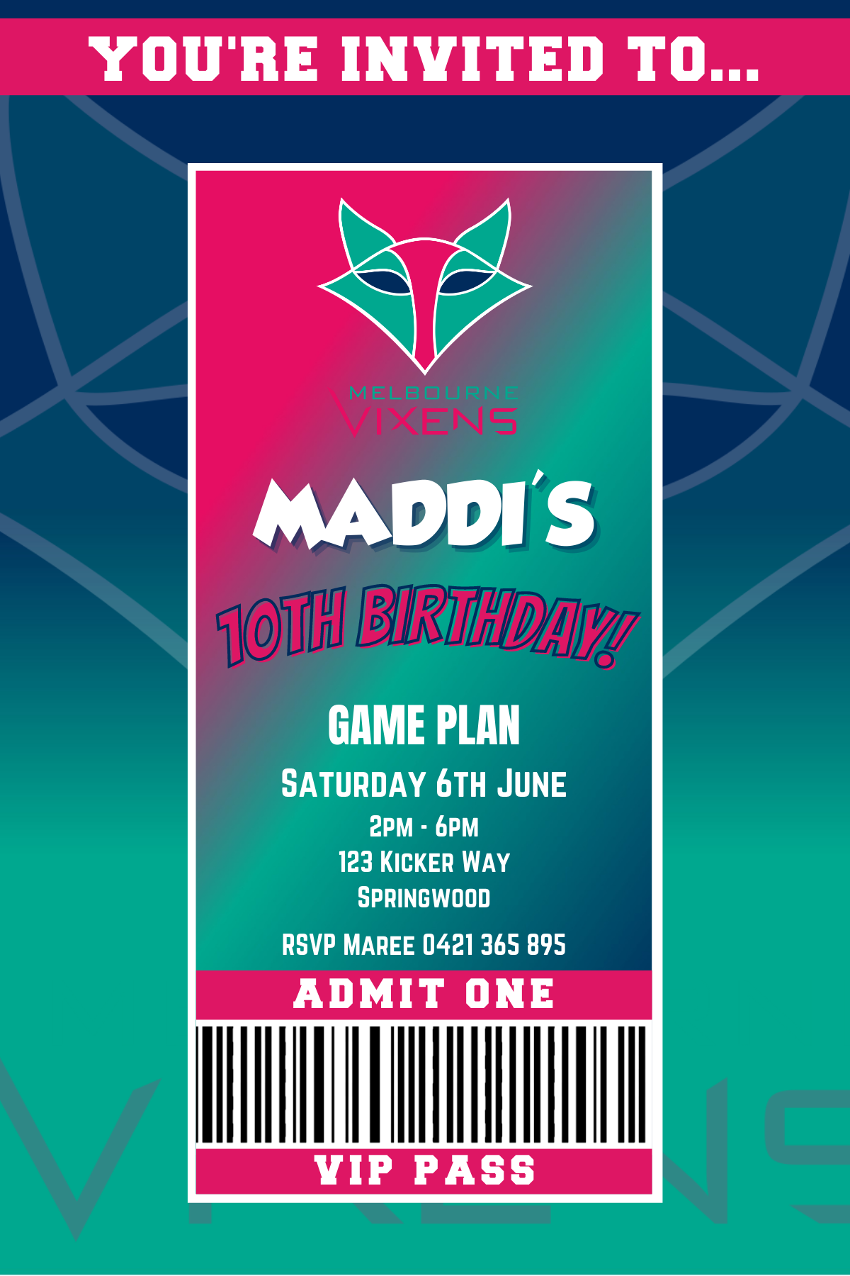 Melbourne Vixens Netball VIP Pass Birthday Invitation