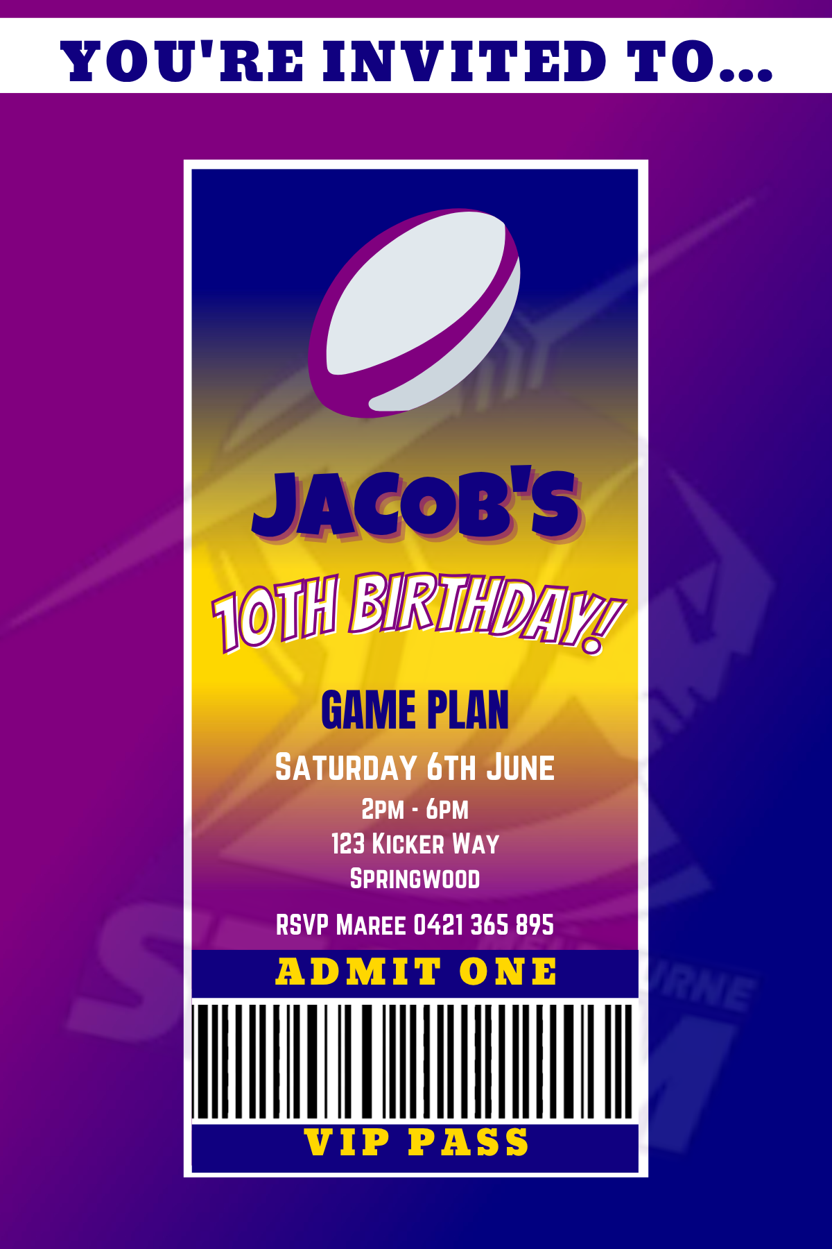 Melbourne Storm themed VIP Pass Birthday Invitation