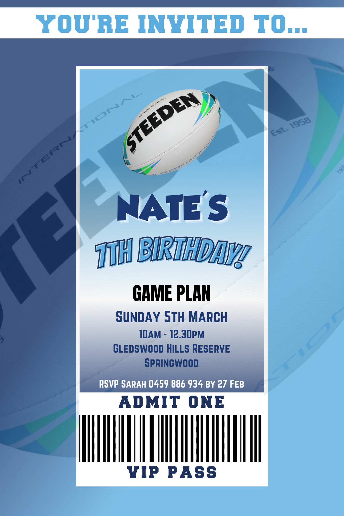 NSW Blues VIP Pass Birthday Invitation