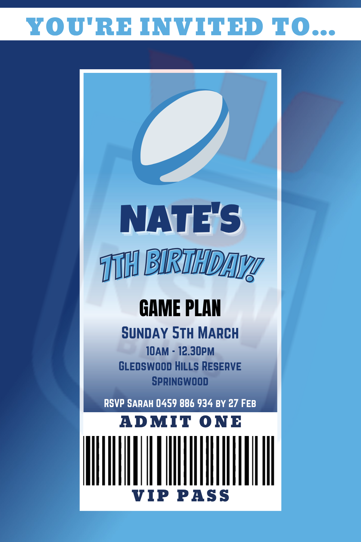 NSW Blues VIP Pass Birthday Invitation