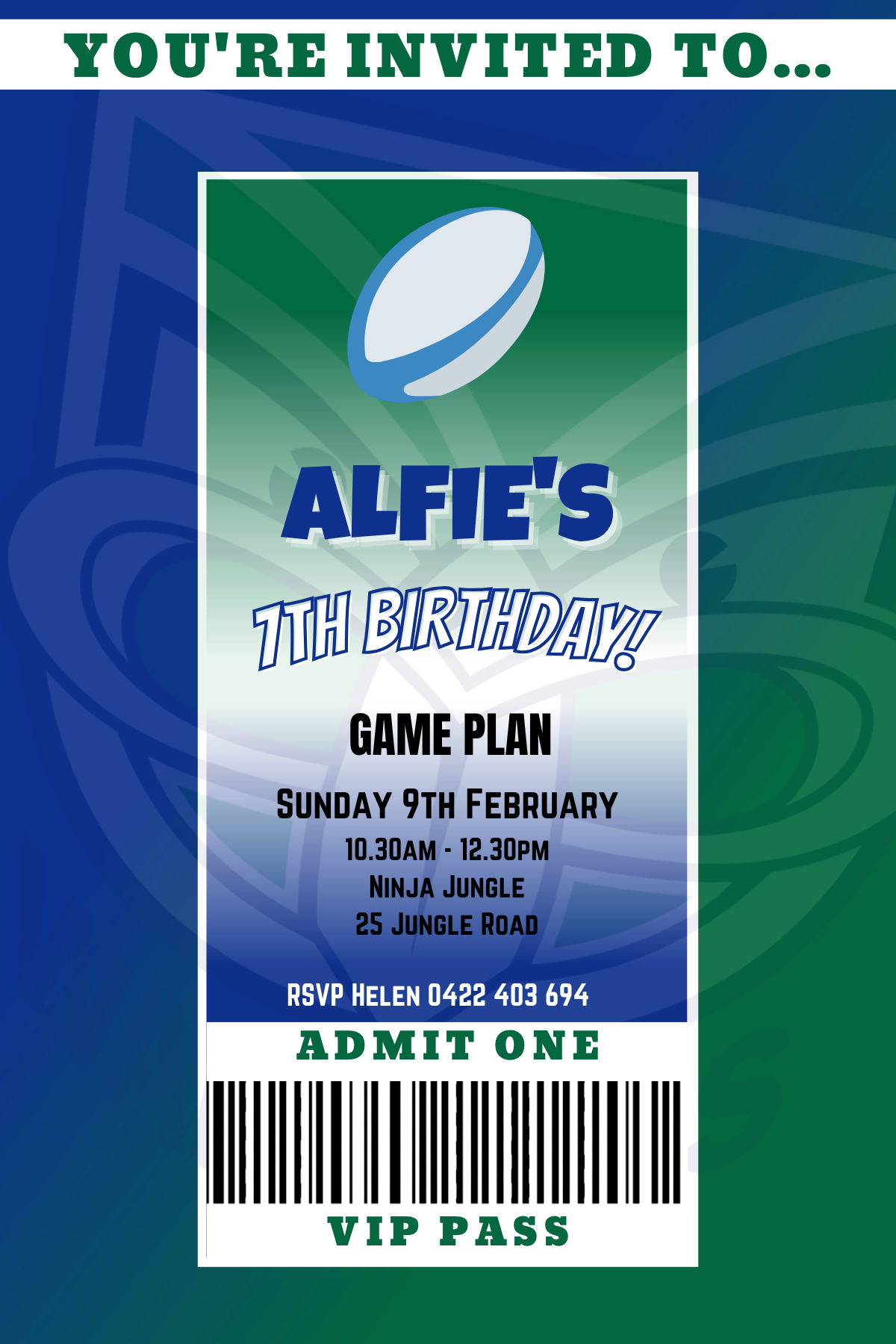 New Zealand Warriors themed VIP Pass Birthday Invitation