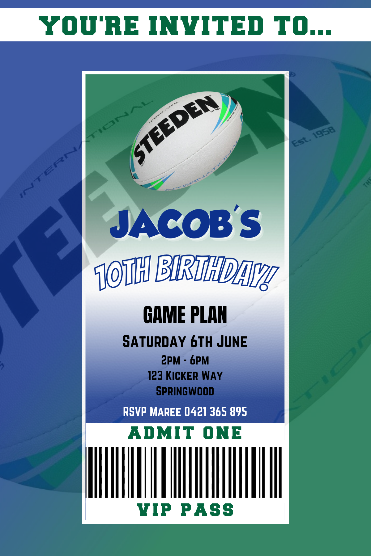 New Zealand Warriors themed VIP Pass Birthday Invitation