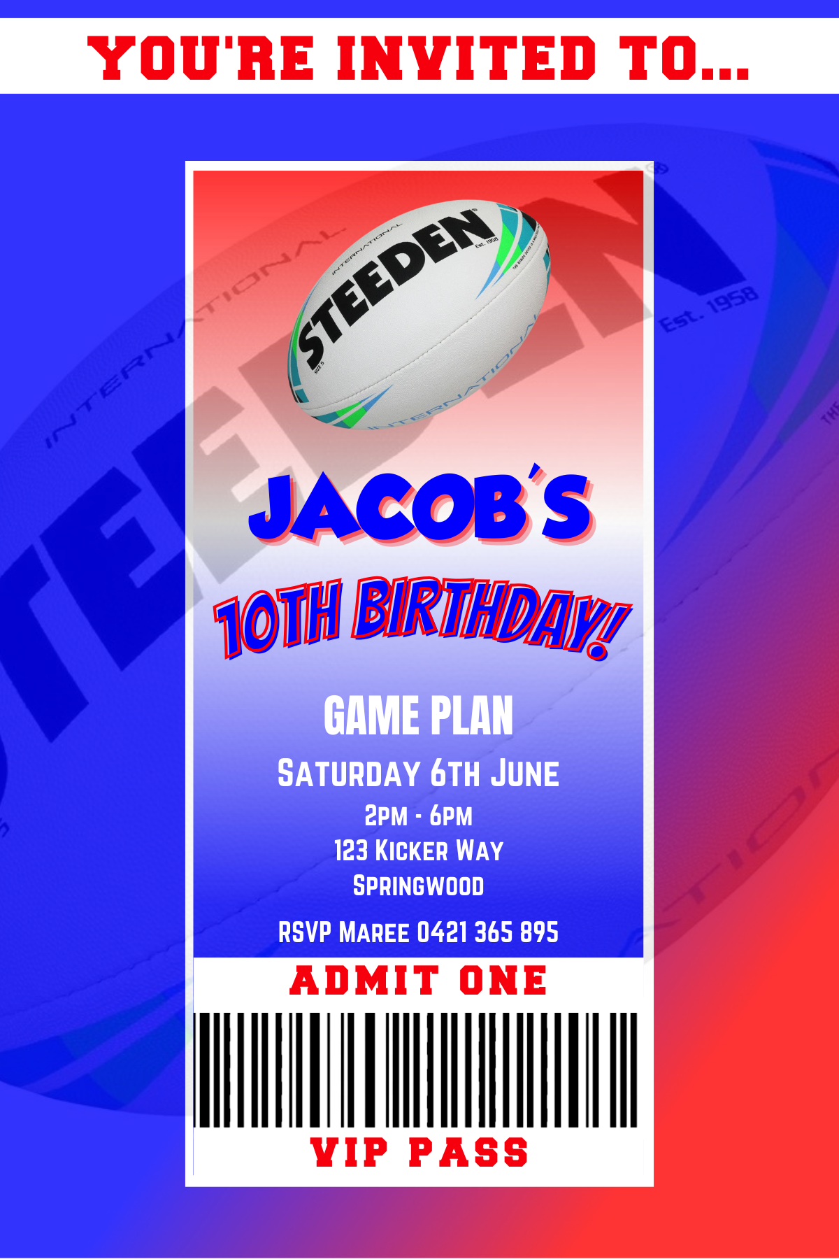 Newcastle Knights themed VIP Pass Birthday Invitation
