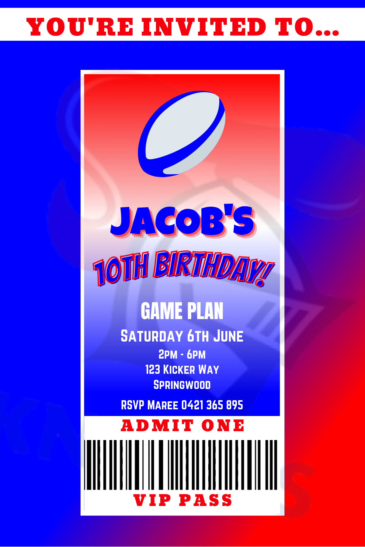 Newcastle Knights themed VIP Pass Birthday Invitation