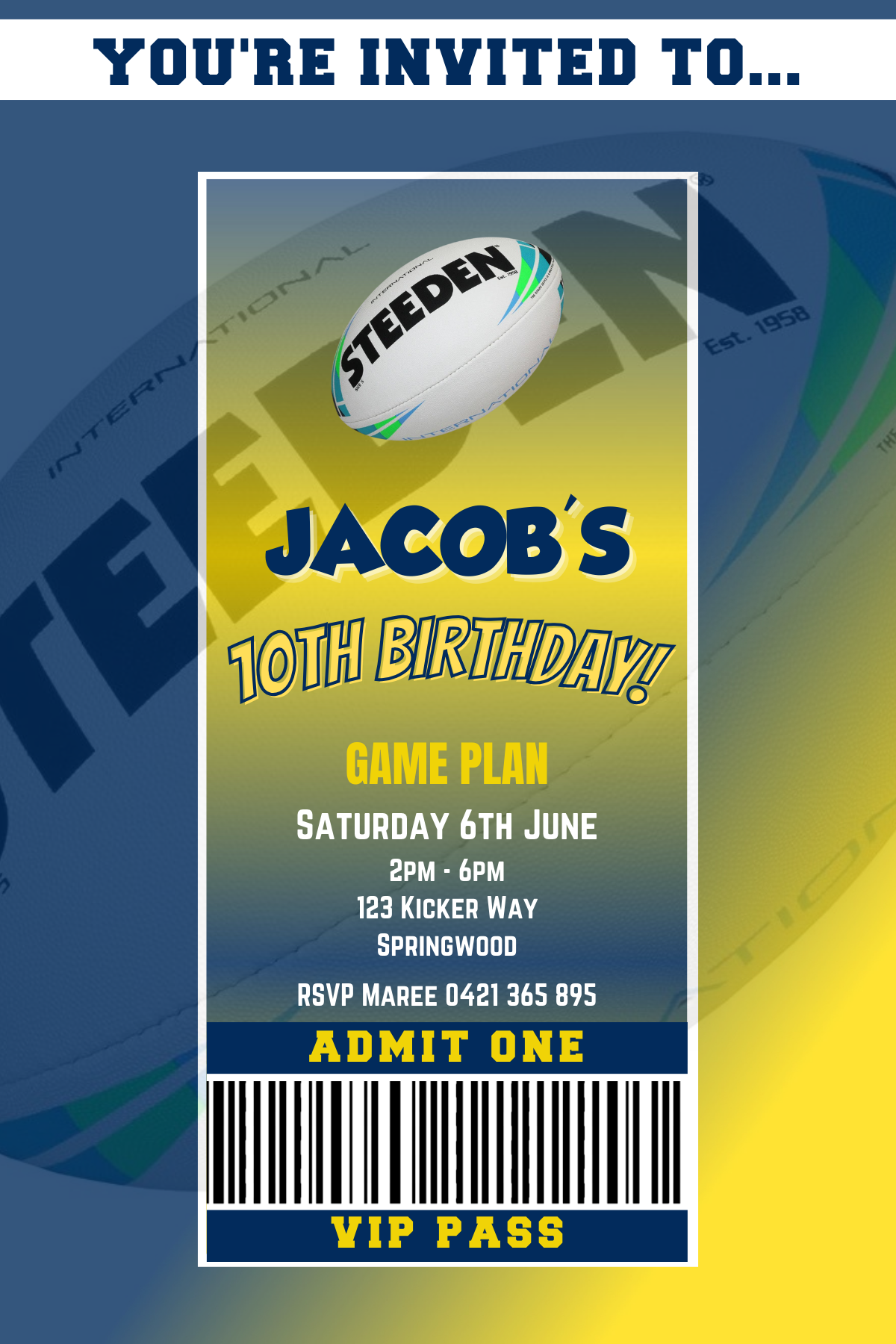 North Queensland Cowboys VIP Pass Birthday Invitation
