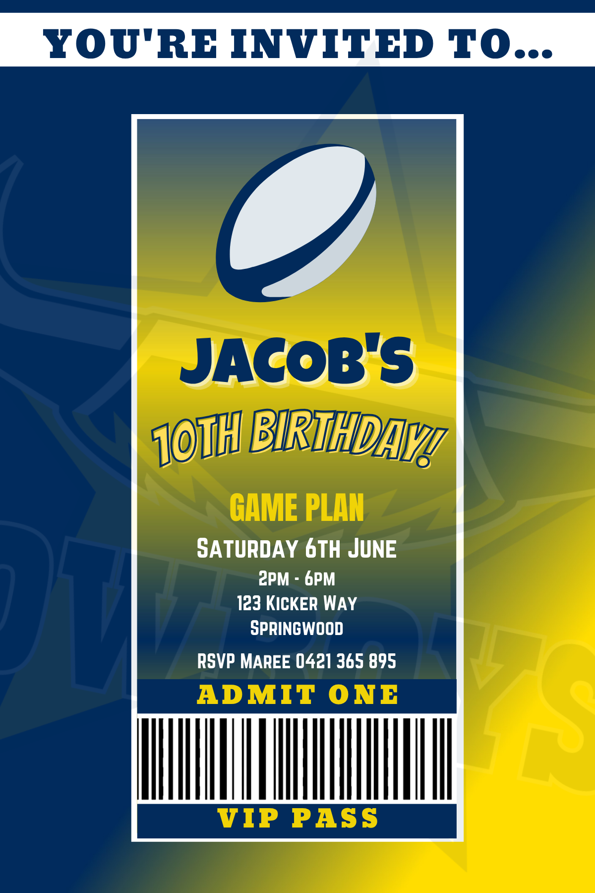North Queensland Cowboys VIP Pass Birthday Invitation