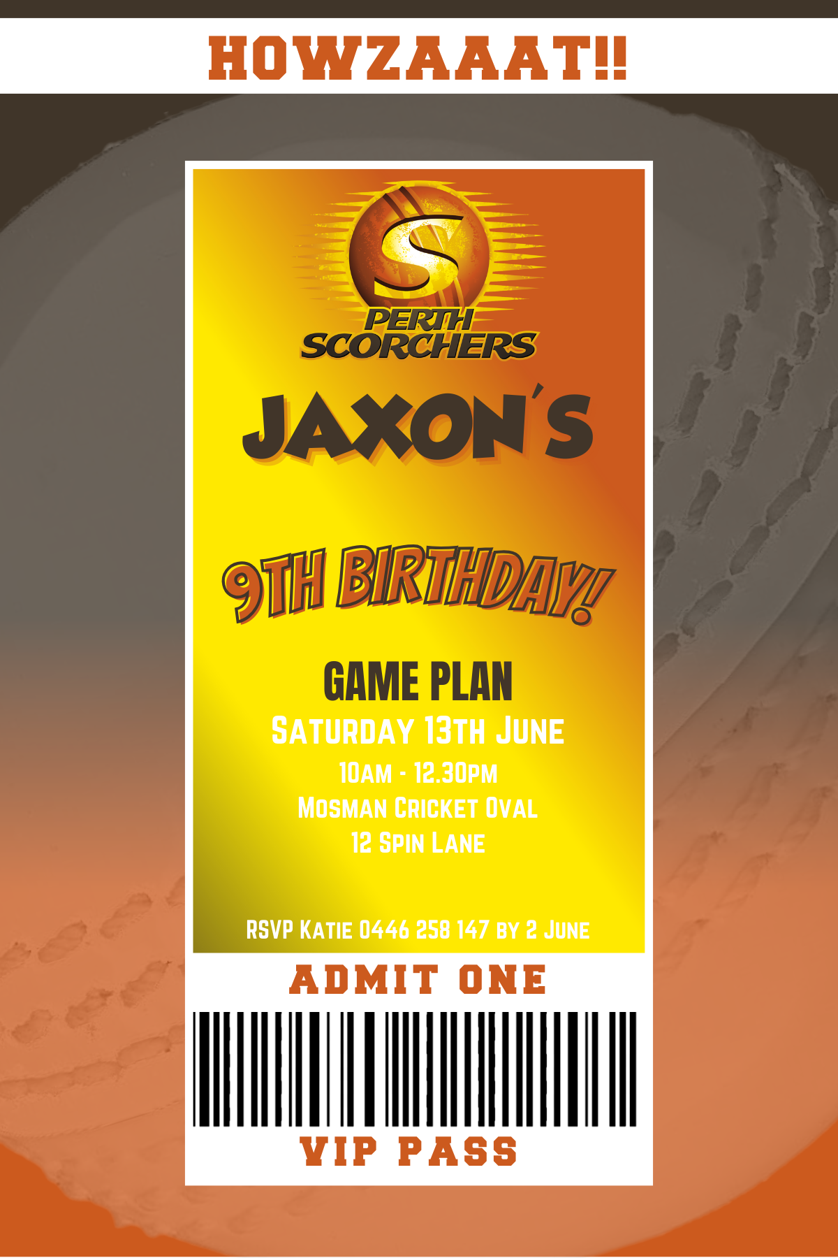 Perth Scorchers BBL VIP Pass Birthday Invitation