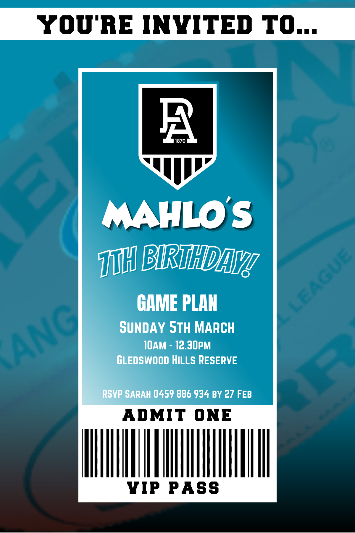 Port Adelaide Power Birthday Invitation