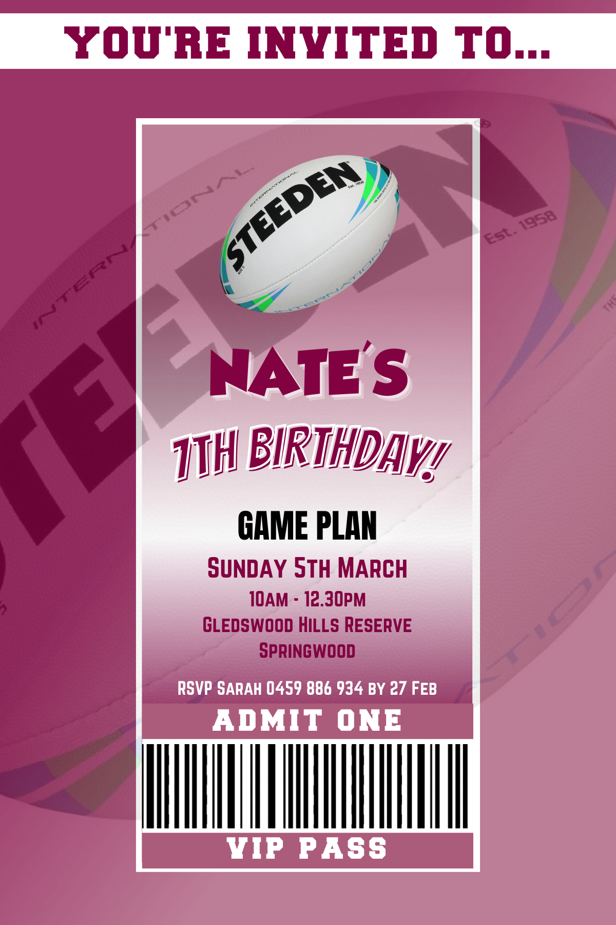 QLD Maroons VIP Pass Birthday Invitation