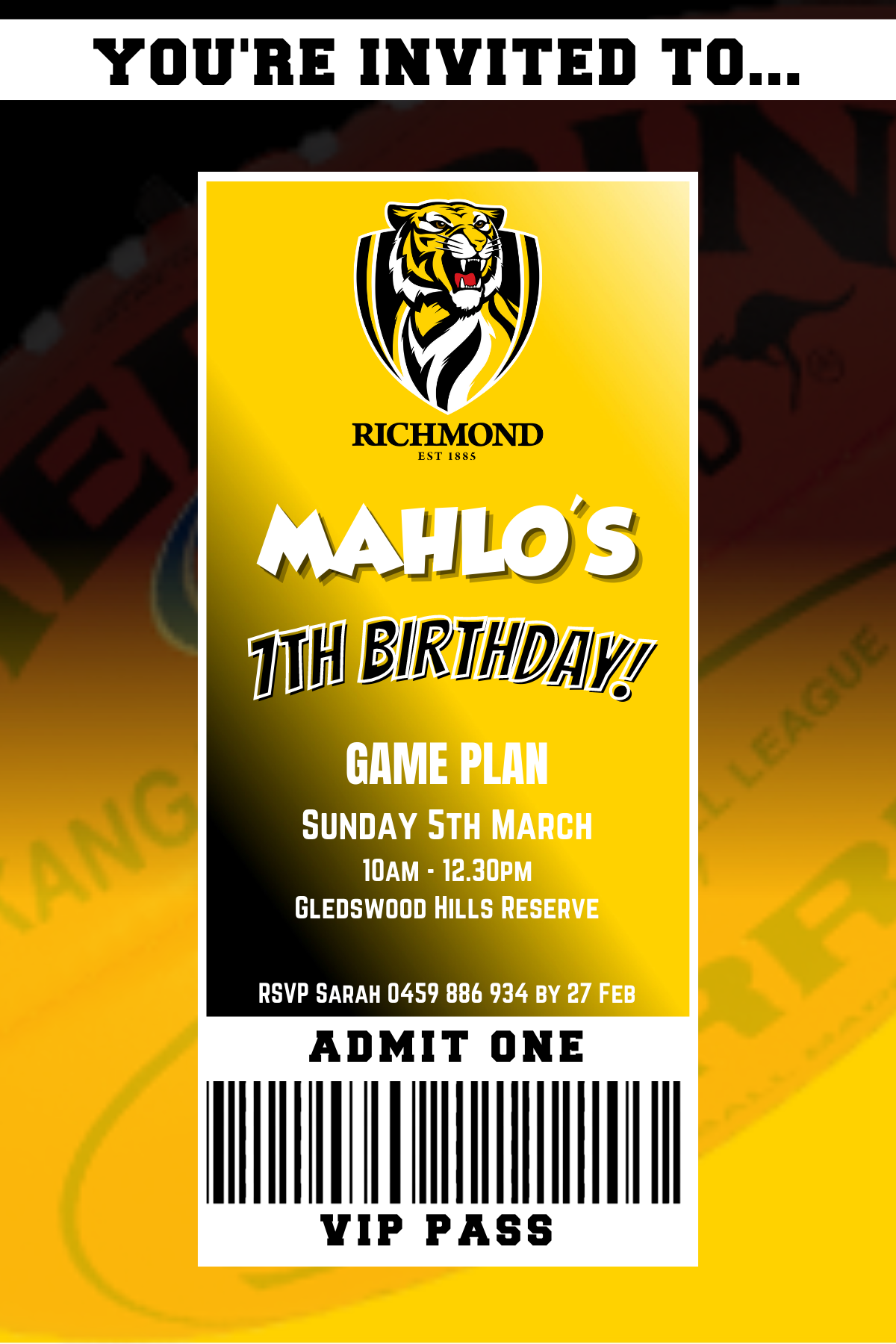 Richmond Tigers Birthday Invitation