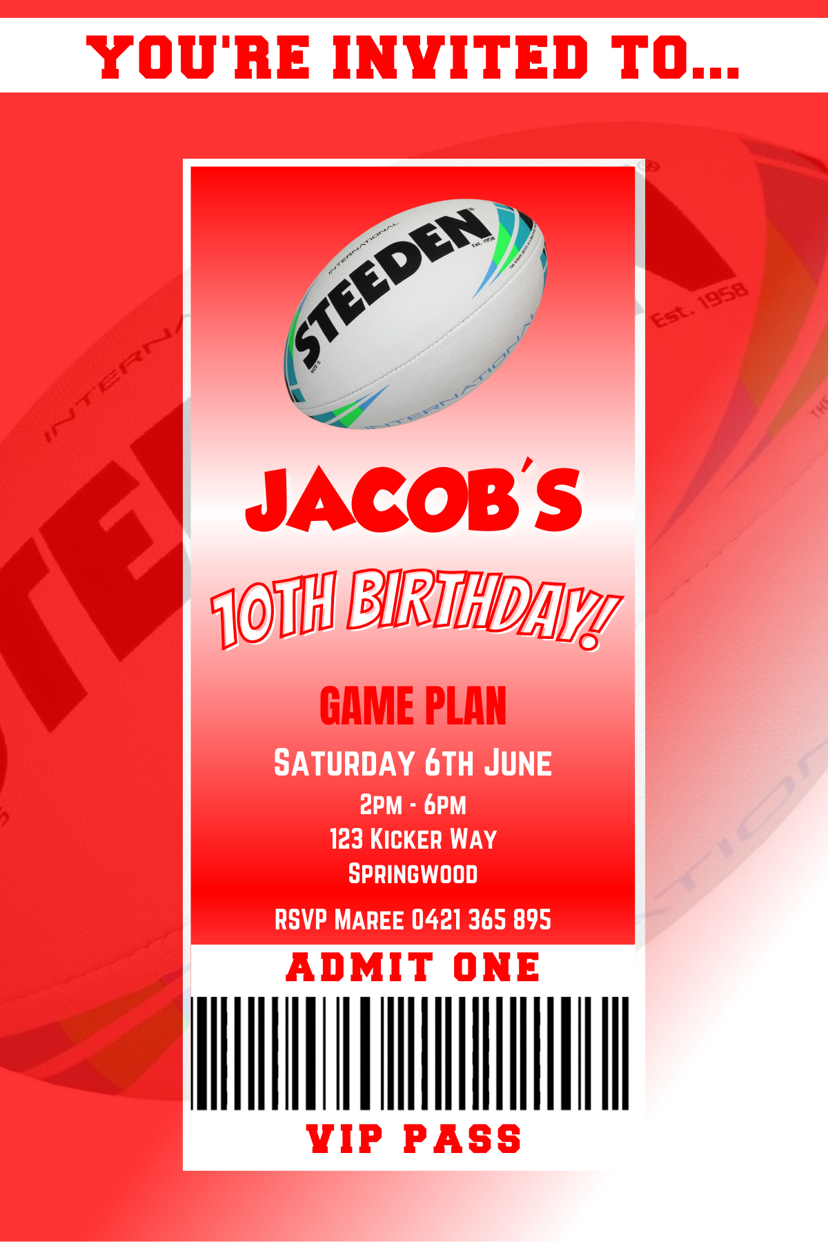 St George Illawarra Dragons VIP Pass Birthday Invitation