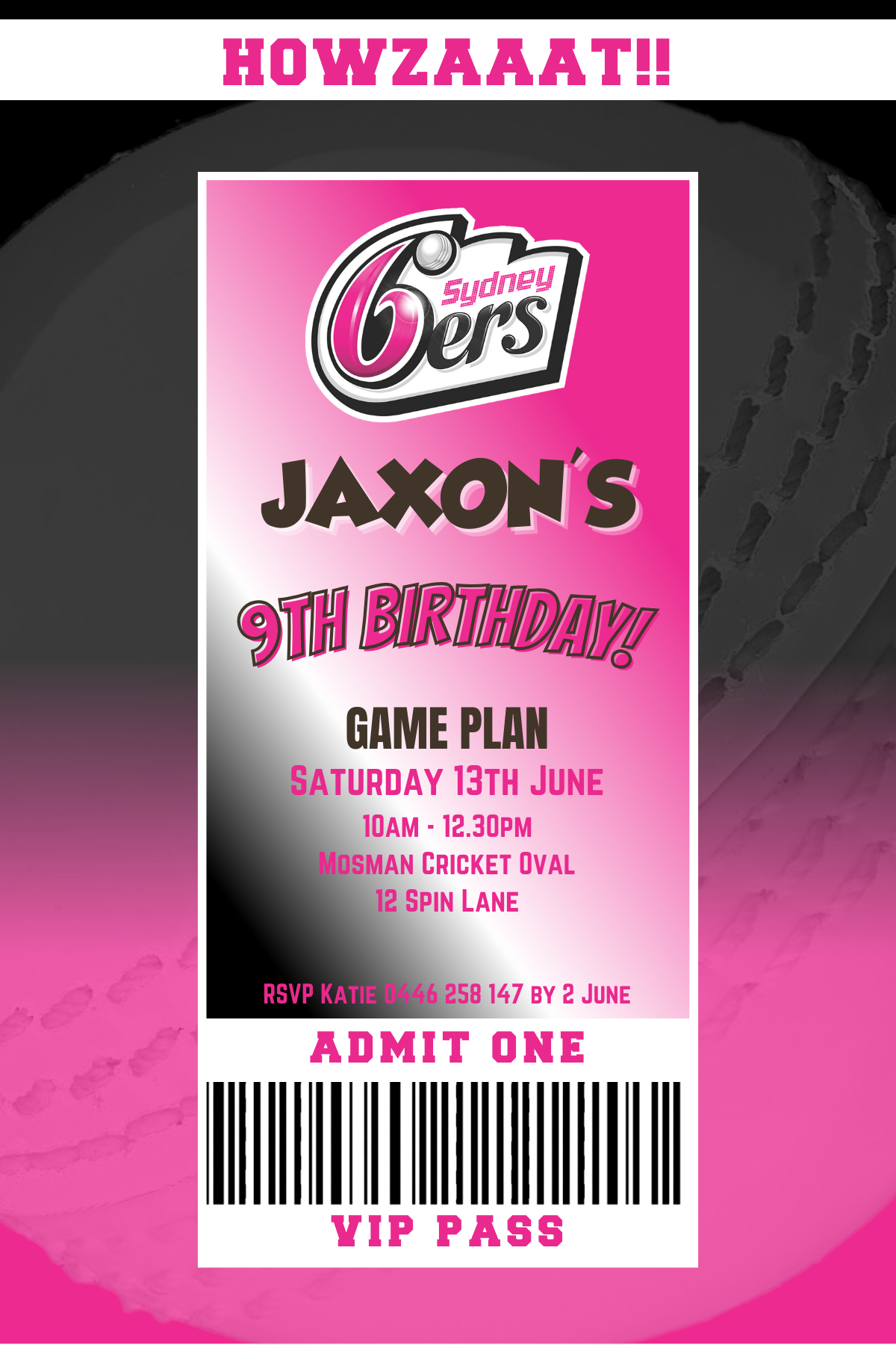 Sydney Sixers BBL VIP Pass Birthday Invitation