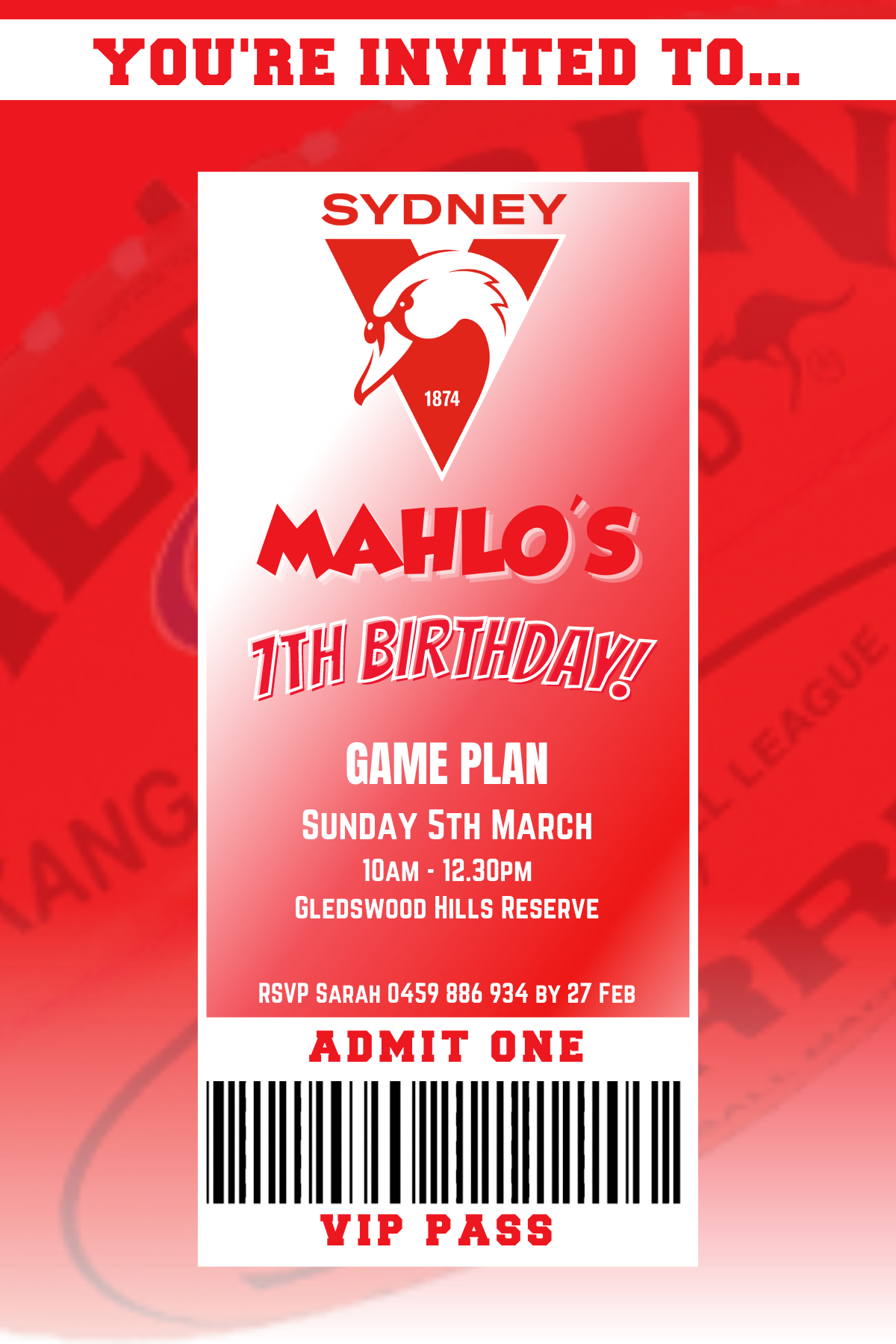 Sydney Swans Birthday Invitation