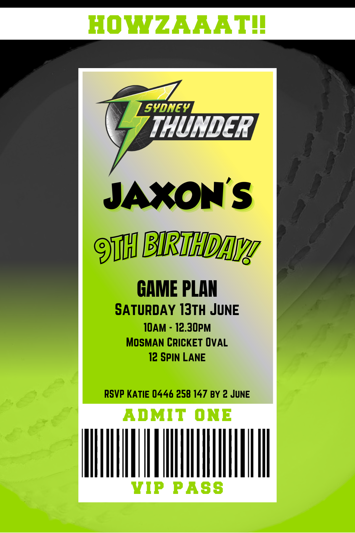 Sydney Thunder BBL VIP Pass Birthday Invitation