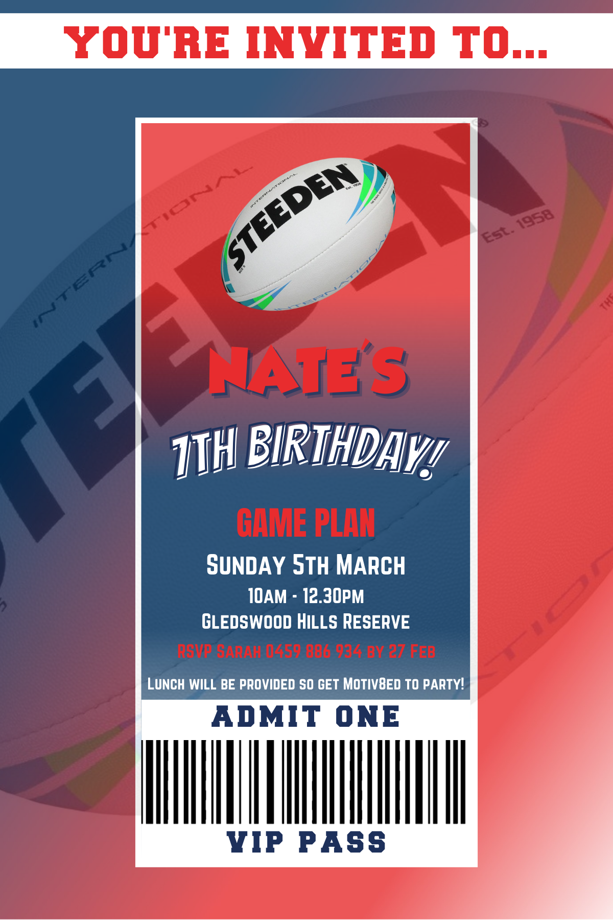 Sydney Roosters VIP Pass Birthday Invitation