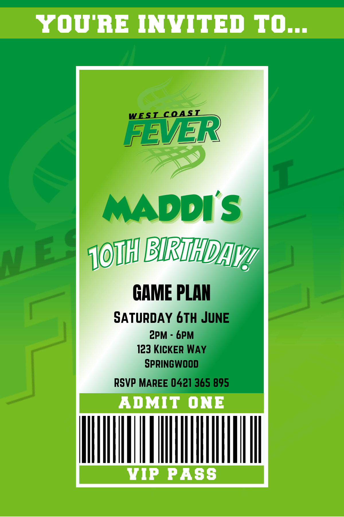 West Coast Fever Netball VIP Pass Birthday Invitation