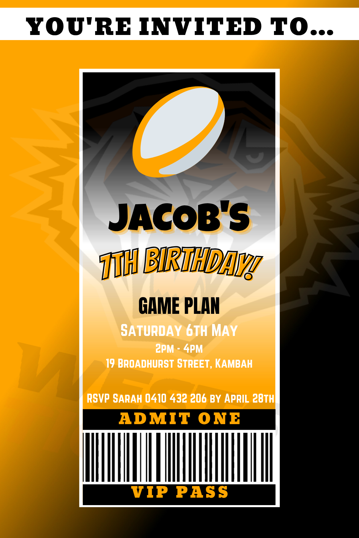 Wests Tigers VIP Pass Birthday Invitation