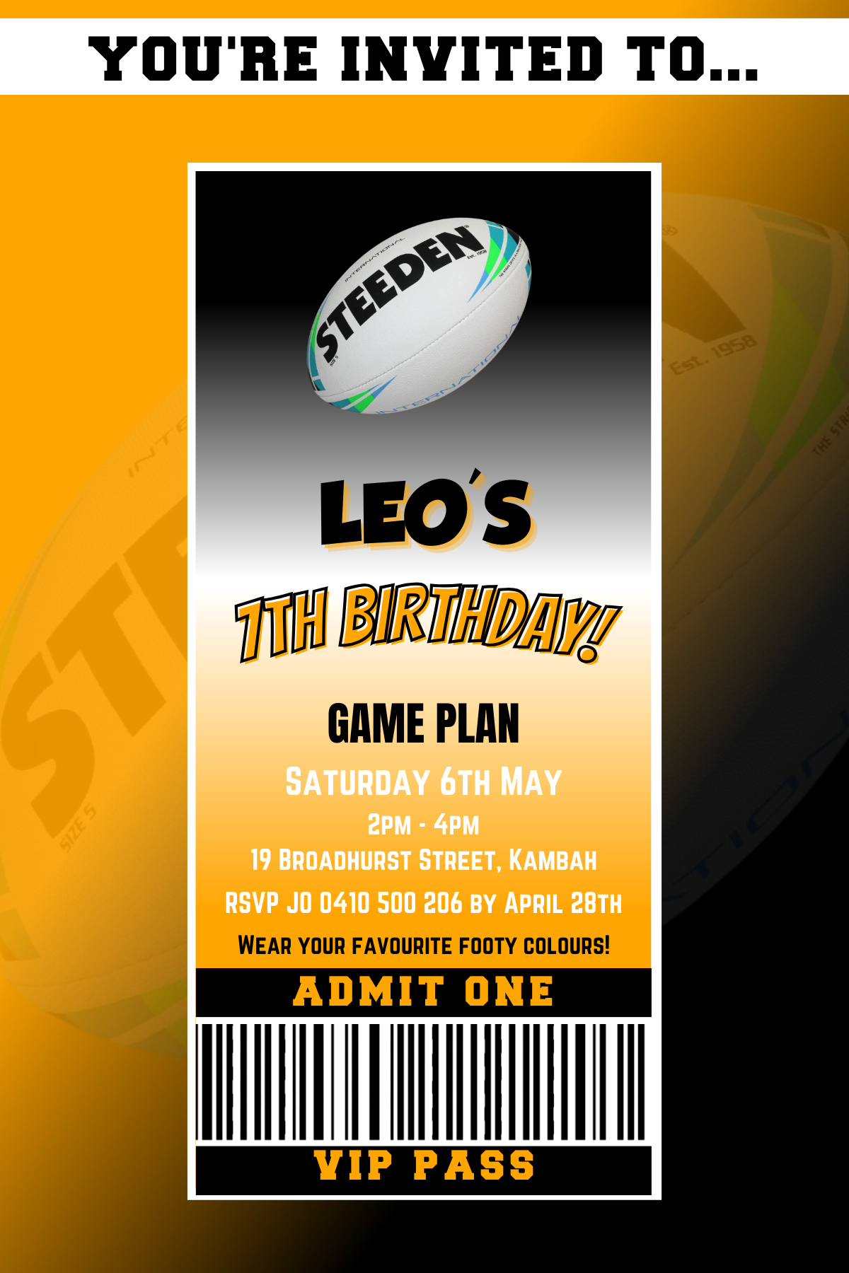 Wests Tigers VIP Pass Birthday Invitation