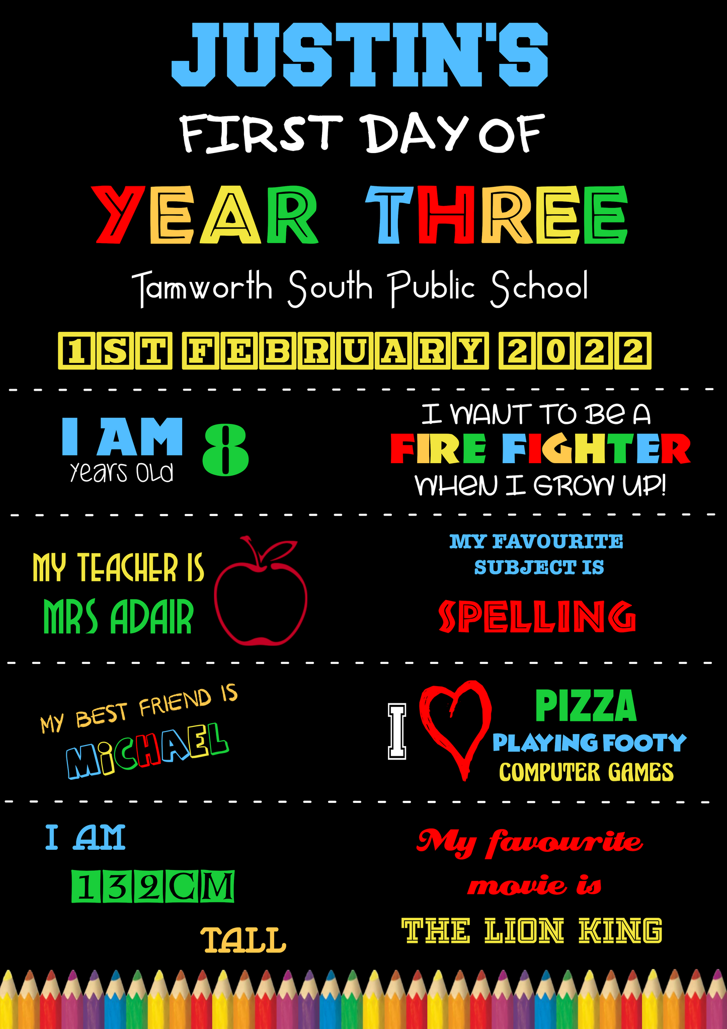 First Day of School poster - JUSTIN THEME