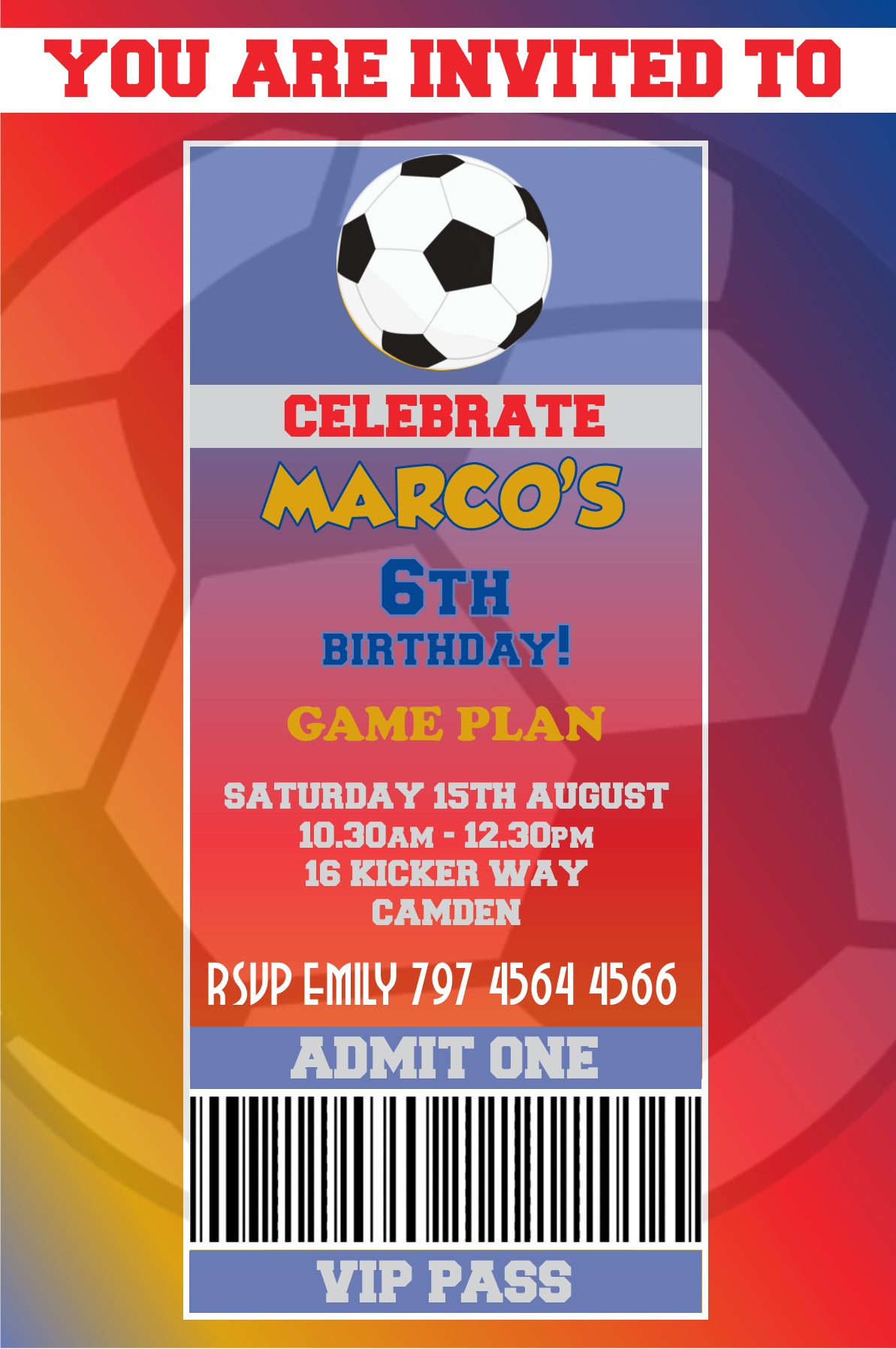 Chelsea themed Birthday Invitation