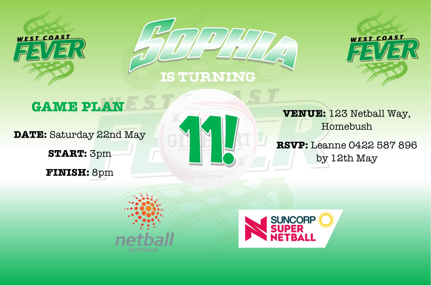 West Coast Fever Netball Birthday Invitation