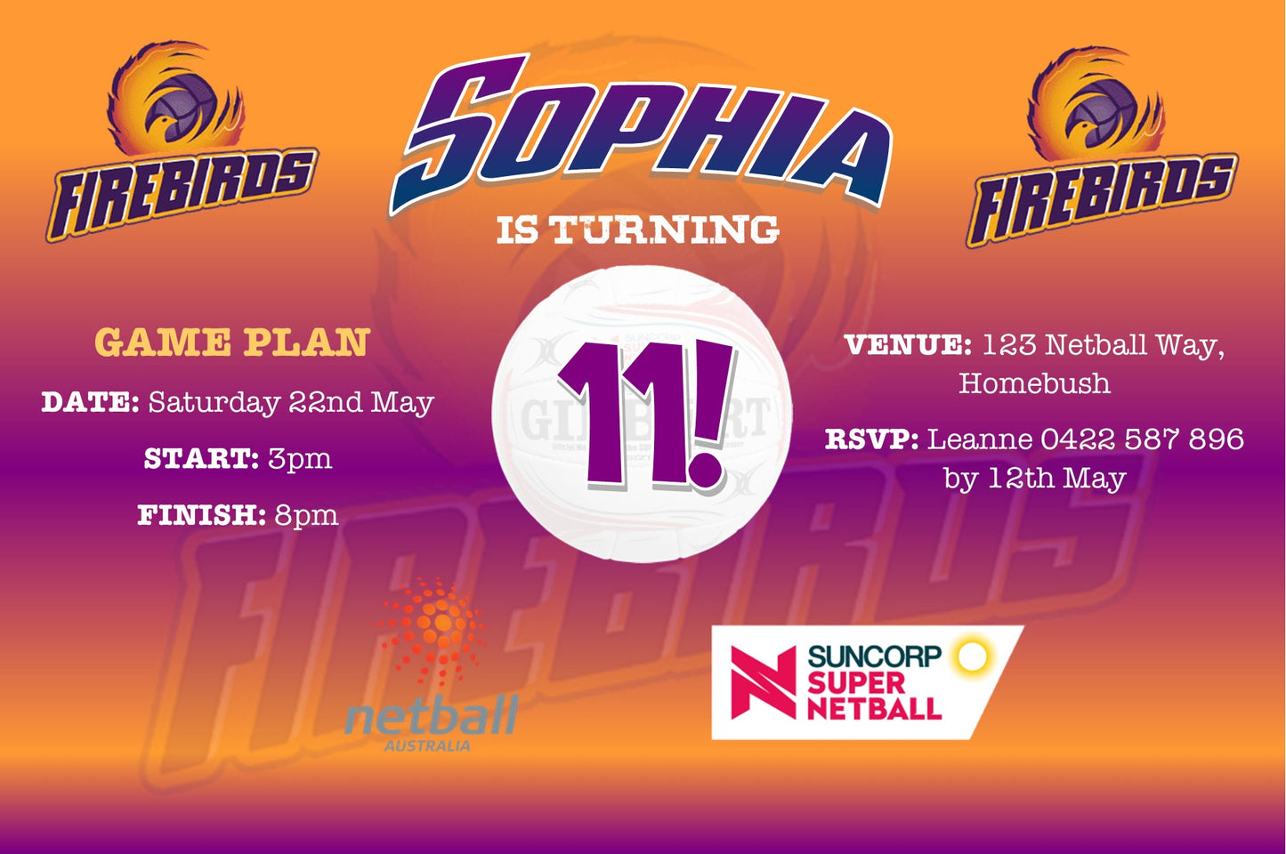 QLD Firebirds Netball Birthday Invitation