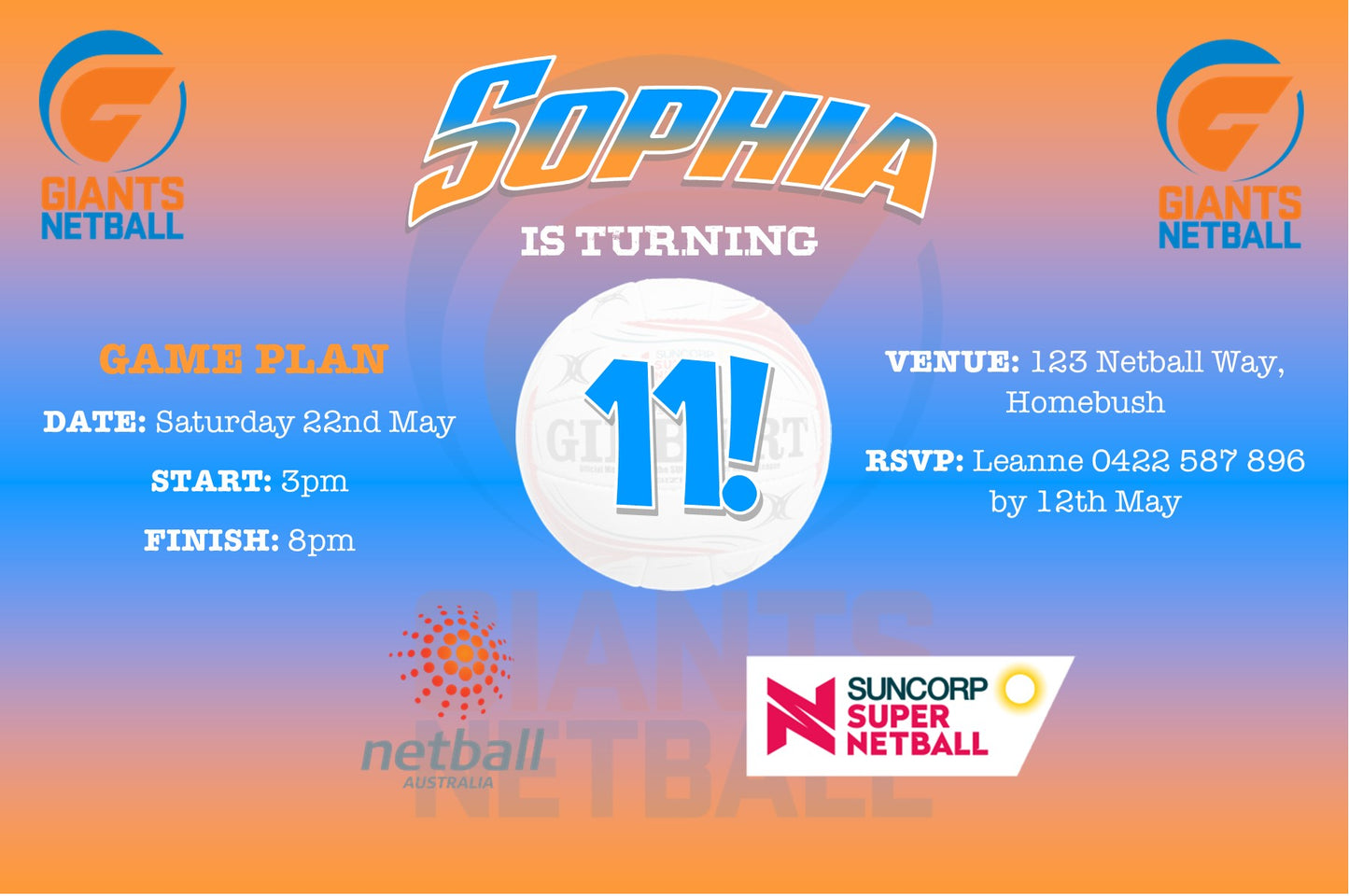 Giants Netball Birthday Invitation