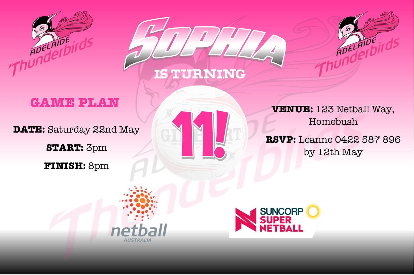 Adelaide Thunderbirds Netball Birthday Invitation